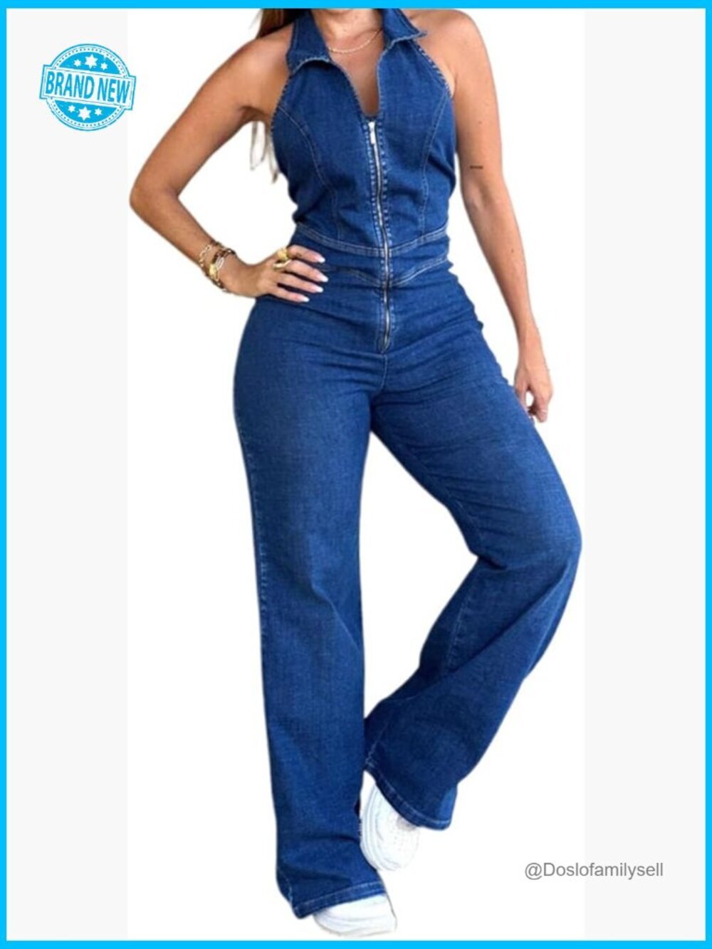 Y2K Halter Backless Denim Jumpsuit Zipper Front Sleeveless One Piece Romper
